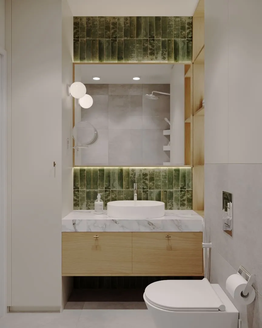 Дизайн інтер’єру ванної кімнати з акцентною стінкою біля раковини